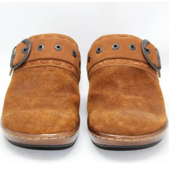 Born Womens 8 Brown Suede Leather Buckle Clogs Mules Platform Wedge  NWOB - Picture 4 of 9